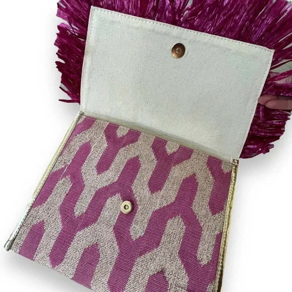 WKND WYFR Pink and Neutral Raffia Envelope Clutch with Gold Metallic Accents